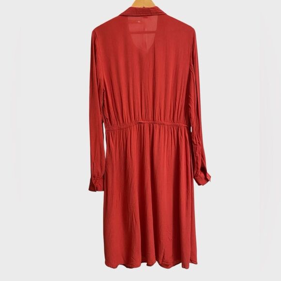 Old Navy Button Front Midi Shirt Dress Size L Crepe Seamed Waist Long Sleeves - Picture 9 of 15